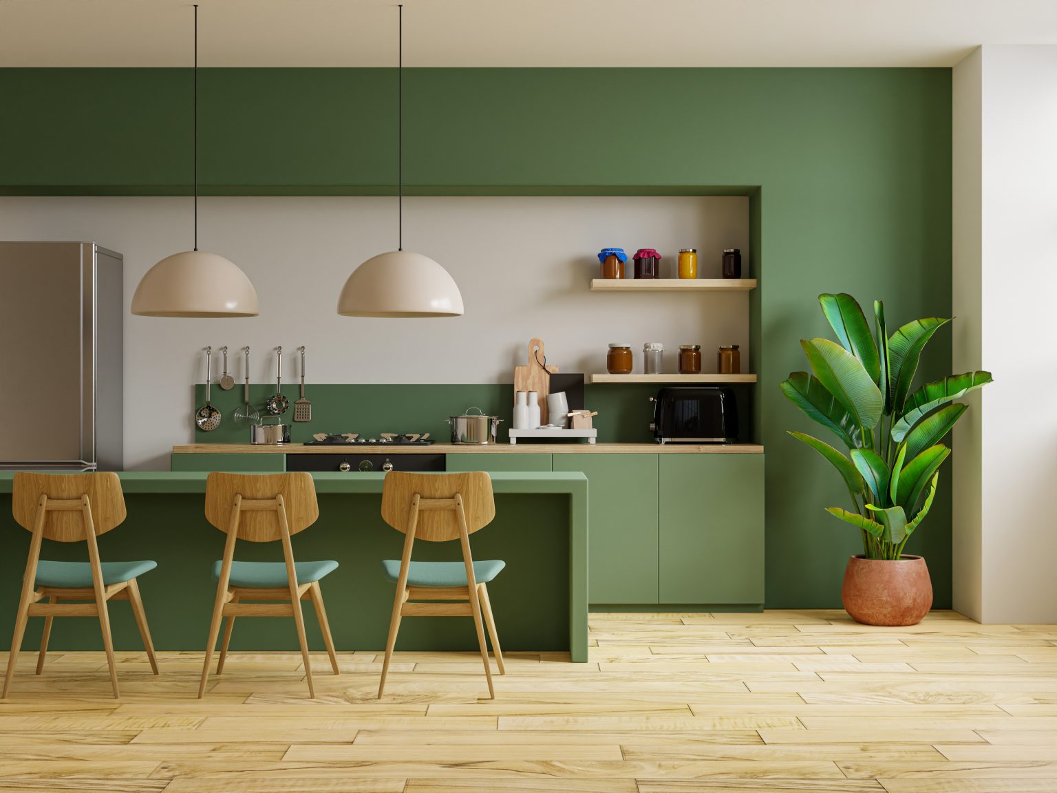 Modern Style Kitchen Interior Design With Green Wall 3d Rendering 1536x1152 